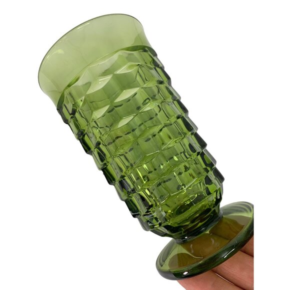 Vtg Indiana Glass Whitehall Avocado Green Cubist Tumbler Footed 6” Glass 6989 - Picture 5 of 7